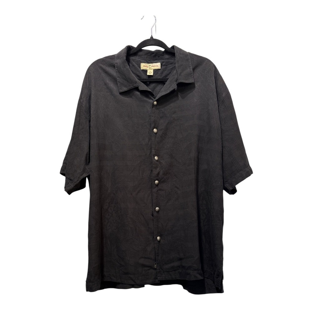 Tommy Bahama 100% Silk Camp Shirt XL Black Tonal Jacquard Tropical Button Up